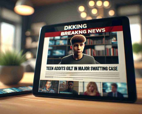 A high-definition realistic image representing a breaking news scene about a teenager admitting their guilt in a major swatting case. Picture indicates the seriousness of the issue. It shows the headline 'Teen Admits Guilt in Major Swatting Case' boldly written on an image of a digital news article on a tablet, with blurred background of a modern room setting.