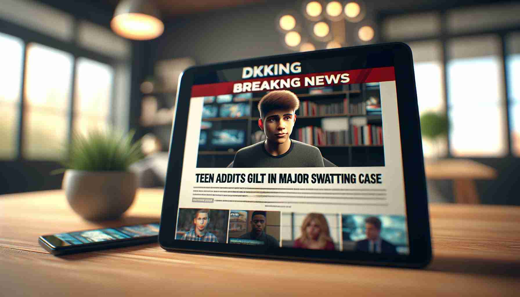 A high-definition realistic image representing a breaking news scene about a teenager admitting their guilt in a major swatting case. Picture indicates the seriousness of the issue. It shows the headline 'Teen Admits Guilt in Major Swatting Case' boldly written on an image of a digital news article on a tablet, with blurred background of a modern room setting.