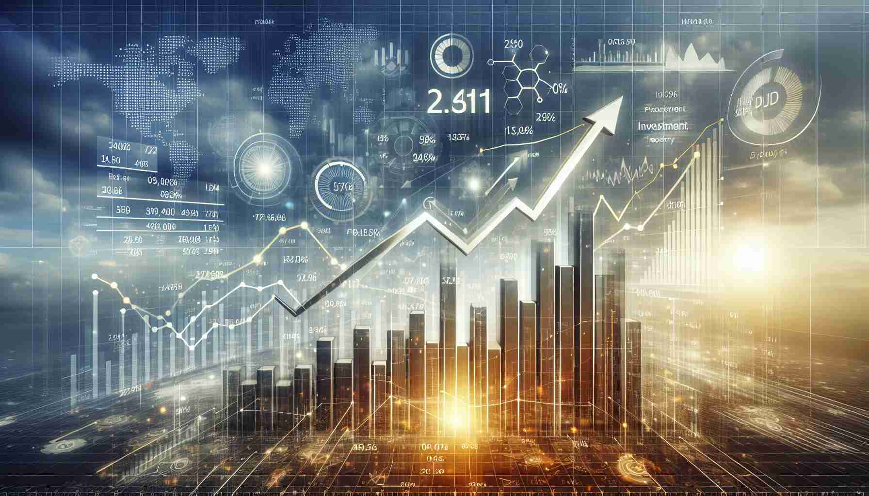 An exemplified high-definition real-life image that depicts a conceptual representation of significant profit growth for a generic telecommunications corporation, showcased as rising line graphs and numbers amid a backdrop of investment recovery. The atmosphere should be filled with optimism, progress, and positive business sentiments. Symbols such as upward arrows, bar graphs, and pie charts can be utilized to highlight the recovery and growth.