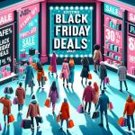 Image of a vibrant shopping scene depicting Black Friday deals. Picture includes flush of excited customers of diverse descents and genders looking at various store displays. Each display sign should show 'Exciting Black Friday Deals Await'. It is a bright day with people dressed in warm winter clothes. Scene also displays posters with big, bold, eye-catching percentages off, product photos, and word 'Sale'. The image resonates a festive atmosphere with bustling buyers carry shopping bags.