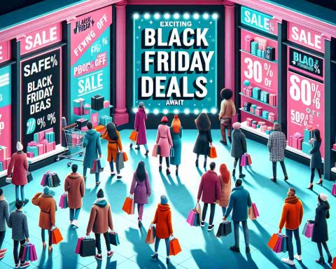 Image of a vibrant shopping scene depicting Black Friday deals. Picture includes flush of excited customers of diverse descents and genders looking at various store displays. Each display sign should show 'Exciting Black Friday Deals Await'. It is a bright day with people dressed in warm winter clothes. Scene also displays posters with big, bold, eye-catching percentages off, product photos, and word 'Sale'. The image resonates a festive atmosphere with bustling buyers carry shopping bags.