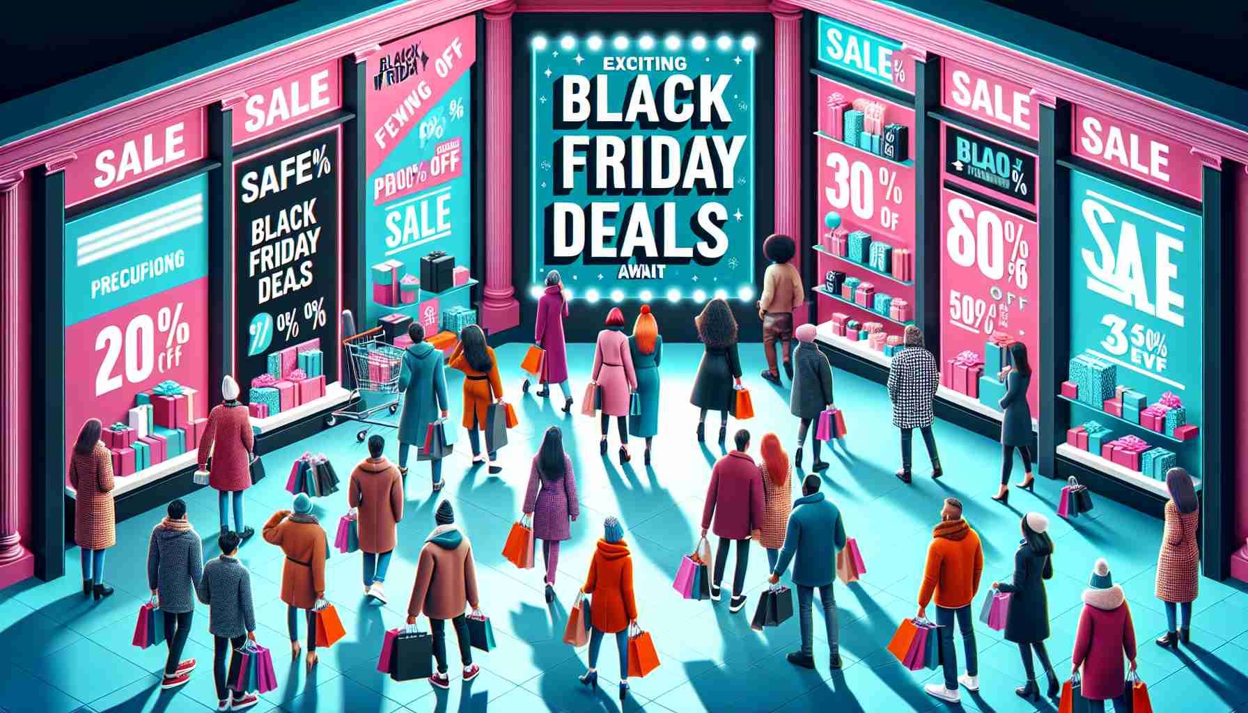 Image of a vibrant shopping scene depicting Black Friday deals. Picture includes flush of excited customers of diverse descents and genders looking at various store displays. Each display sign should show 'Exciting Black Friday Deals Await'. It is a bright day with people dressed in warm winter clothes. Scene also displays posters with big, bold, eye-catching percentages off, product photos, and word 'Sale'. The image resonates a festive atmosphere with bustling buyers carry shopping bags.