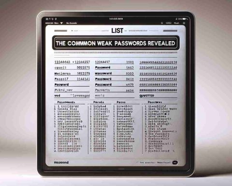 An HD quality, photorealistic image containing a list titled 'The Most Common Weak Passwords Revealed'. The list should include typed text in a legible font, containing common passwords such as '123456', 'password', 'qwerty', etc. The background is neutral. The list appears as a computer screen with modern design features.