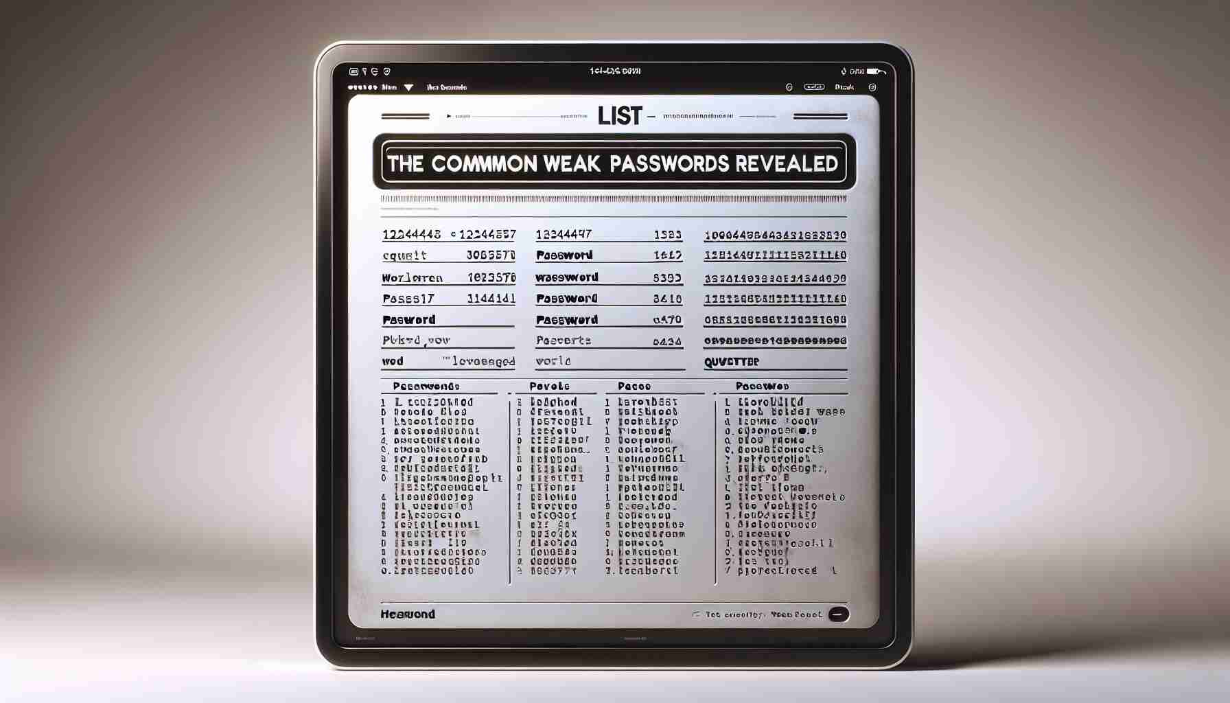 An HD quality, photorealistic image containing a list titled 'The Most Common Weak Passwords Revealed'. The list should include typed text in a legible font, containing common passwords such as '123456', 'password', 'qwerty', etc. The background is neutral. The list appears as a computer screen with modern design features.