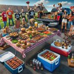 Realistic high-definition image of a tailgating scene. Display an array of hearty foods such as grilled burgers, hot dogs, and vegetable skewers spread out on a foldable picnic table. A cooler filled with diverse beverages should be visible nearby. An open truck bed in the background, decked with team banners and a group of people from a mix of descents including Caucasian, Hispanic, and Asian, both men and women, all decked in team colors and cheering energetically. Outdoor lawn games like cornhole are seen in progress with participants enjoying the pre-game festivities.