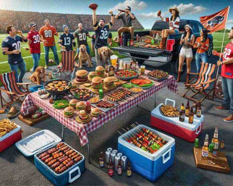 Realistic high-definition image of a tailgating scene. Display an array of hearty foods such as grilled burgers, hot dogs, and vegetable skewers spread out on a foldable picnic table. A cooler filled with diverse beverages should be visible nearby. An open truck bed in the background, decked with team banners and a group of people from a mix of descents including Caucasian, Hispanic, and Asian, both men and women, all decked in team colors and cheering energetically. Outdoor lawn games like cornhole are seen in progress with participants enjoying the pre-game festivities.