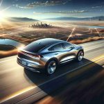 Create an image showcasing a realistic, high definition depiction of a car that embodies cutting edge technology and contemporary design, speeding across a vast expanse of the North American landscape which includes a mix of urban and natural elements. Render the scene under the bright daytime sky, with the car's metallic body reflecting the radiant sunlight, creating a striking contrast against the scenic backdrop.