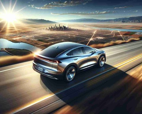 Create an image showcasing a realistic, high definition depiction of a car that embodies cutting edge technology and contemporary design, speeding across a vast expanse of the North American landscape which includes a mix of urban and natural elements. Render the scene under the bright daytime sky, with the car's metallic body reflecting the radiant sunlight, creating a striking contrast against the scenic backdrop.