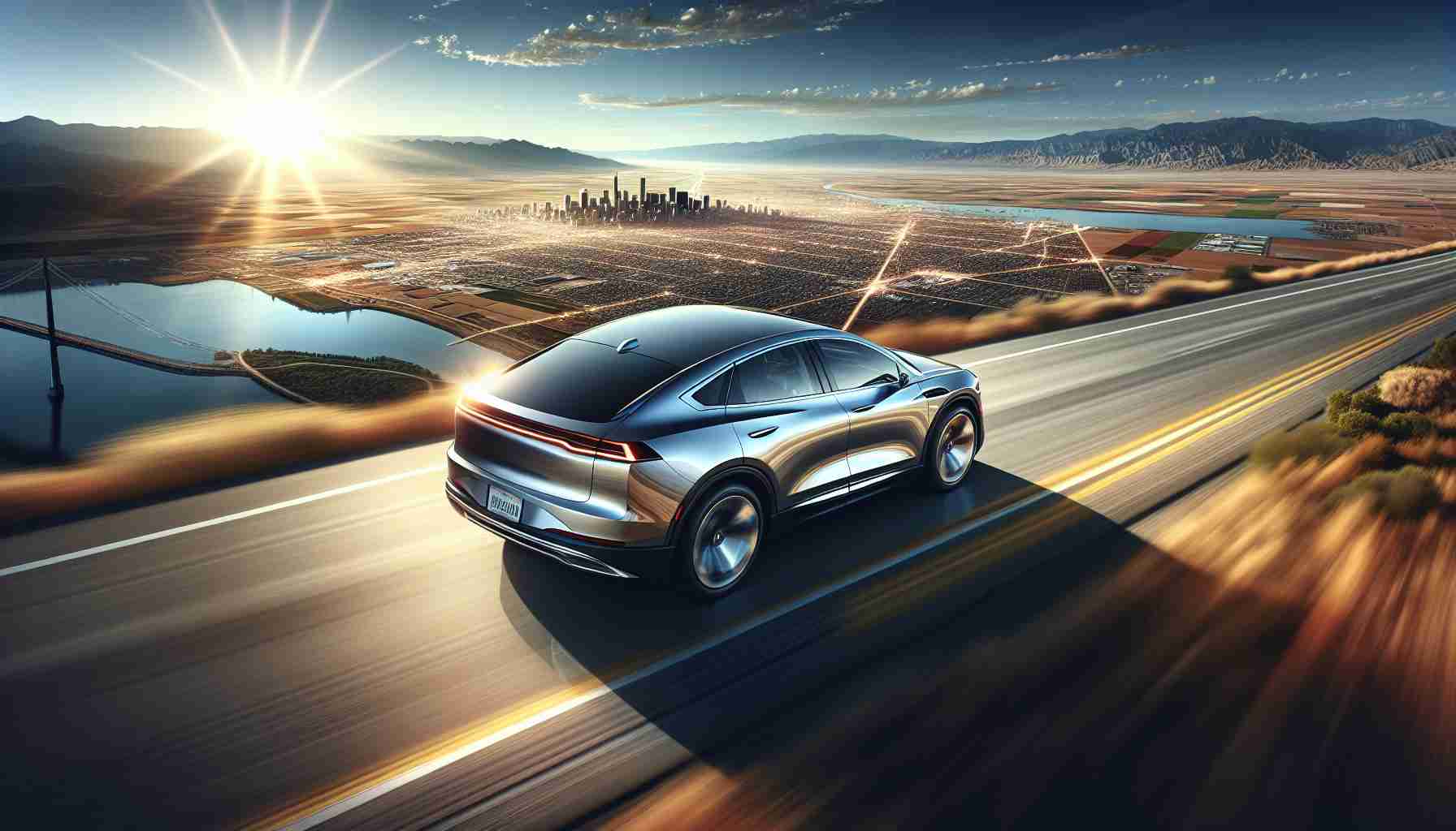 Create an image showcasing a realistic, high definition depiction of a car that embodies cutting edge technology and contemporary design, speeding across a vast expanse of the North American landscape which includes a mix of urban and natural elements. Render the scene under the bright daytime sky, with the car's metallic body reflecting the radiant sunlight, creating a striking contrast against the scenic backdrop.