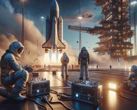 Realistic high-definition photo of a private space exploration company preparing for another starship launch. The scene features engineers in protective gear checking systems, a venting starship on the launch pad, and a bright sky hinting at the upcoming odyssey. The atmosphere is expectant and full of anticipation.