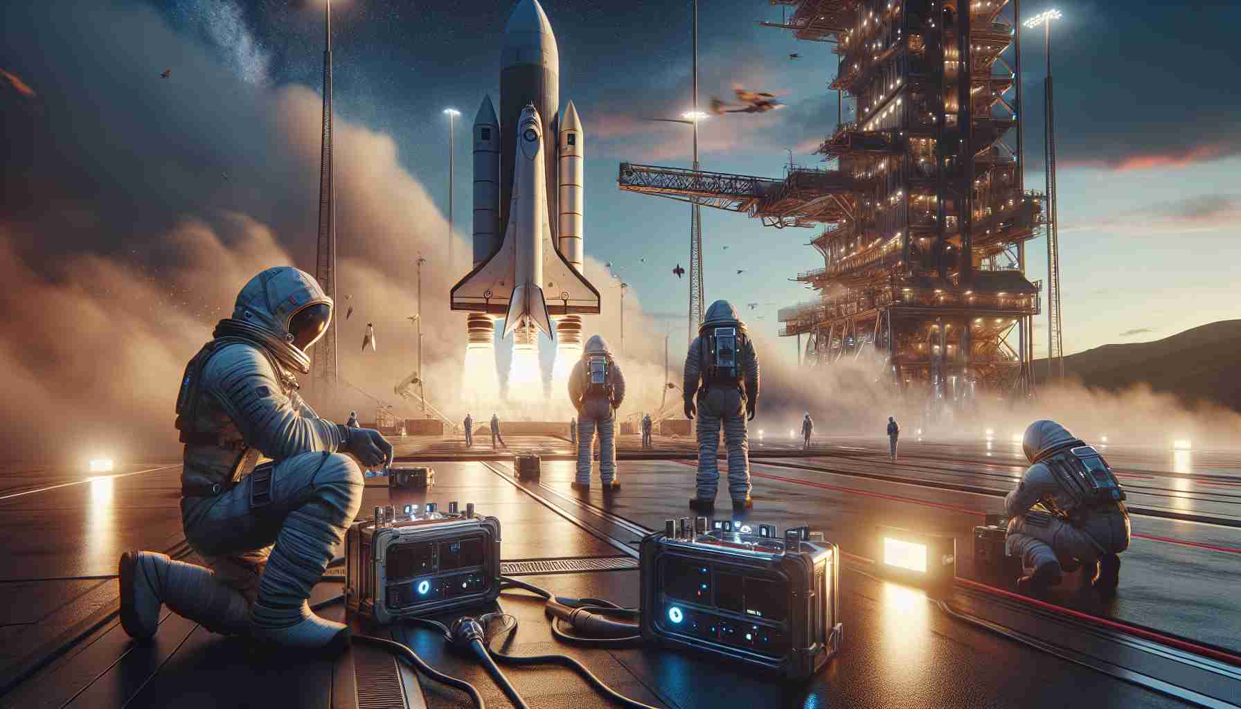 Realistic high-definition photo of a private space exploration company preparing for another starship launch. The scene features engineers in protective gear checking systems, a venting starship on the launch pad, and a bright sky hinting at the upcoming odyssey. The atmosphere is expectant and full of anticipation.