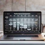 Realistic high-definition image of a performance comparison chart depicting various new models of a generic popular brand laptop performing video rendering tasks. The chart could include parameters like speed, quality, and efficiency. The laptops should be sleek, modern, and silver, similar to the MacBook Pro, but they are not branded. The environment should be a clean, contemporary workspace, perhaps with a coffee cup and stationary items nearby.