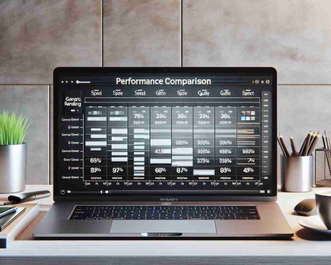 Realistic high-definition image of a performance comparison chart depicting various new models of a generic popular brand laptop performing video rendering tasks. The chart could include parameters like speed, quality, and efficiency. The laptops should be sleek, modern, and silver, similar to the MacBook Pro, but they are not branded. The environment should be a clean, contemporary workspace, perhaps with a coffee cup and stationary items nearby.