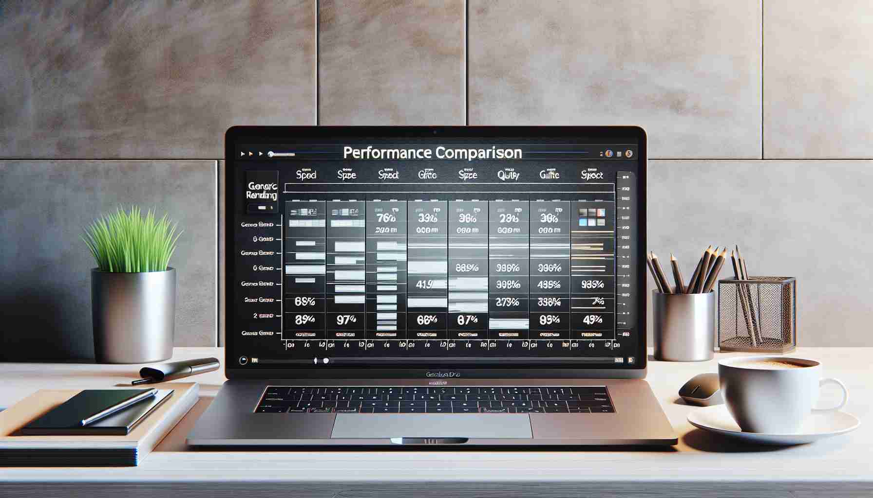 Realistic high-definition image of a performance comparison chart depicting various new models of a generic popular brand laptop performing video rendering tasks. The chart could include parameters like speed, quality, and efficiency. The laptops should be sleek, modern, and silver, similar to the MacBook Pro, but they are not branded. The environment should be a clean, contemporary workspace, perhaps with a coffee cup and stationary items nearby.