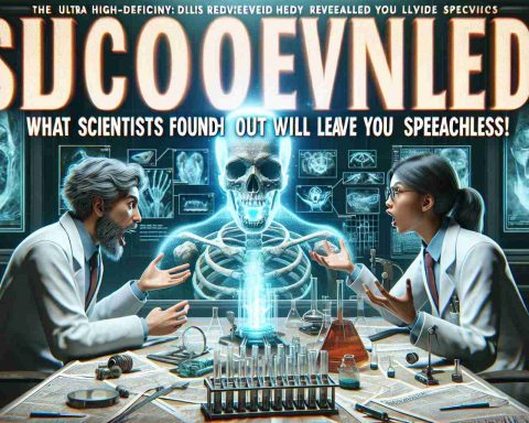 An ultra high-definition, realistic image representing the concept of 'Shocking Discoveries'. The scene could include scientists - a Middle Eastern man and a Hispanic woman, discussing over a table filled with scientific instruments and a diagram that represents a critical scientific breakthrough. Expressions of astonishment and surprise are evident in their faces. Above them is a large, eerie headline saying 'Shocking Discoveries Revealed! What Scientists Found Out Will Leave You Speechless' in bold, impressive fonts.