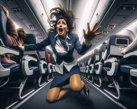 A dramatic image in high-definition of a flight attendant experiencing a terrifying fall during a turbulent flight in England. The flight attendant, a Hispanic woman, loses her balance and the objects in her hand. Her facial expressions evoke fear and shock. The seats and passengers are visible in the background, adding to the chaotic scenario.