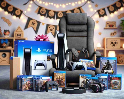 A high-definition and realistic image showcasing the perfect gift for PlayStation 5 gamers. It includes a neatly arranged set of accessories compatible with the PlayStation 5 console, such as a wireless controller, high-quality headset, selection of popular game titles, and a comfortable gaming chair. The background is decorated with playful gaming motifs and the lighting is optimized for showcasing the gaming gear.