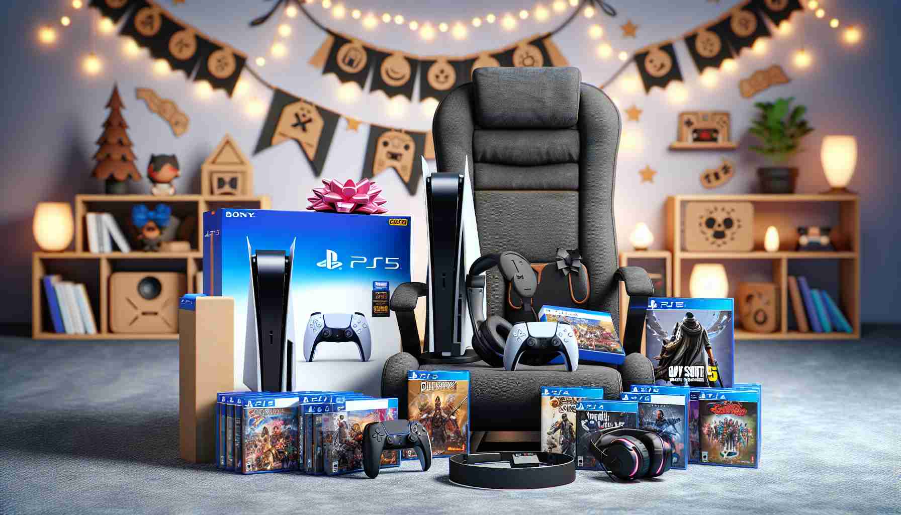 A high-definition and realistic image showcasing the perfect gift for PlayStation 5 gamers. It includes a neatly arranged set of accessories compatible with the PlayStation 5 console, such as a wireless controller, high-quality headset, selection of popular game titles, and a comfortable gaming chair. The background is decorated with playful gaming motifs and the lighting is optimized for showcasing the gaming gear.