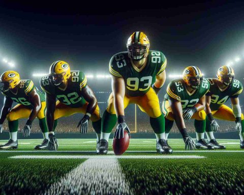 High-definition realistic image of a professional football team's defensive line in their signature green and yellow uniforms preparing for a challenging game on a brightly lit stadium field at night.