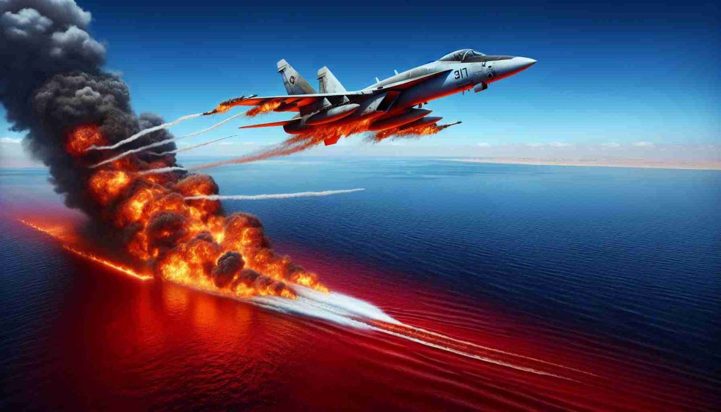 A high definition, realistic image of a dramatic event taking place over the Red Sea. The scene unfolds with a military fighter jet, not tied to any specific nation, in distress. Smoke trails mark its descent towards the water. Above, a clear, azure sky contrasts with the fiery orange flames engulfing the aircraft. The Red Sea below reflects the incident above.