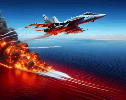 A high definition, realistic image of a dramatic event taking place over the Red Sea. The scene unfolds with a military fighter jet, not tied to any specific nation, in distress. Smoke trails mark its descent towards the water. Above, a clear, azure sky contrasts with the fiery orange flames engulfing the aircraft. The Red Sea below reflects the incident above.