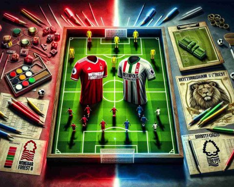 Generate a hyperrealistic image depicting a concept of the soccer game between the Nottingham Forest and Brentford teams, focusing on the anticipation and intensity of a Premier League showdown. Highlight elements associated with each team such as colours, emblems, jerseys, and strategic on-field formations suggestive of the adept tactics they employ in their matches.