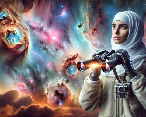 A highly detailed, realistic image depicting an incredible scene observed in the skies. In this scene, a former astronaut, who is of Middle-Eastern descent and identifies as female, holds up binoculars. Her expression is of astonishment as she observes an unusual celestial event. There are vibrant nebulas and star clusters, along with inexplicably formed anomalies, perhaps the result of an unknown technology or energy source. The background also includes a spectacular aurora lighting up the night sky. This space discovery scene truly encapsulates the wonder of the universe.