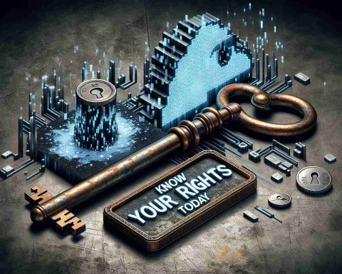 A high resolution, realistic image portraying the concept of unlocking the secrets to online privacy. The image includes elements such as an antique key, symbolizing unlocking, and digital motifs like pixelated clouds, representing online data. The phrase 'Know your rights today' appears prominently in the image, suggesting empowerment and awareness towards online privacy.