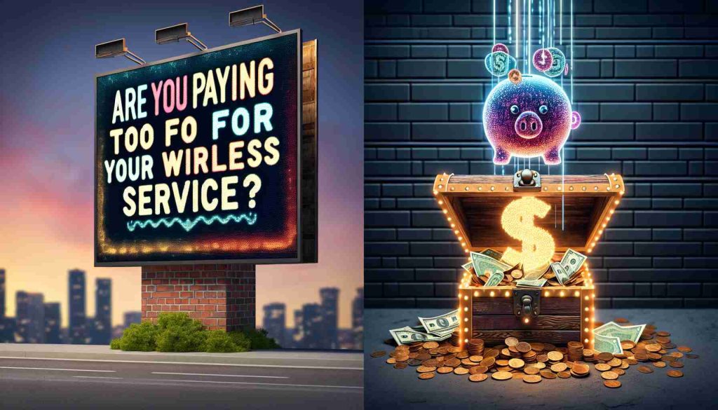 Detailed and high-definition scene of a thought-provoking query asking 'Are You Paying Too Much for Your Wireless Service?' conveyed in a striking visual manner, possibly as a stylized billboard or LED screen outdoors with contrasting colors. In the subsequent part of the image, uncover a visual representation of 'Hidden Savings' depicted as a treasure chest full of coins and bills, or a piggy bank glowing with radiant light, symbolizing potential savings on wireless service.