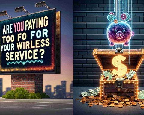 Detailed and high-definition scene of a thought-provoking query asking 'Are You Paying Too Much for Your Wireless Service?' conveyed in a striking visual manner, possibly as a stylized billboard or LED screen outdoors with contrasting colors. In the subsequent part of the image, uncover a visual representation of 'Hidden Savings' depicted as a treasure chest full of coins and bills, or a piggy bank glowing with radiant light, symbolizing potential savings on wireless service.