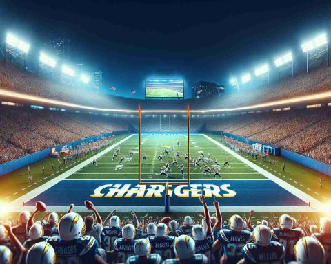 Realistic HD photo interpreted from the headline 'Unbelievable Turnaround! Will the high-ranking sports coach lead the Chargers to Glory?' showcasing an excited crowd cheering for the Chargers -- an American football team -- at a packed stadium, under bright floodlights, with action happening on the field, deeply immersed in the thrilling environment of the game.