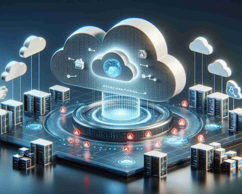 Realistic high-definition illustration showcasing a cloud-centric market led by a generic Cloud Service Provider, demonstrating a unique approach to security and artificial intelligence strategy. The scene should demonstrate the dominance in the cloud market by presenting multiple cloud structures, an abstract representation of advanced firefighting security features, and AI symbols, suggesting advanced artificial intelligence capabilities.