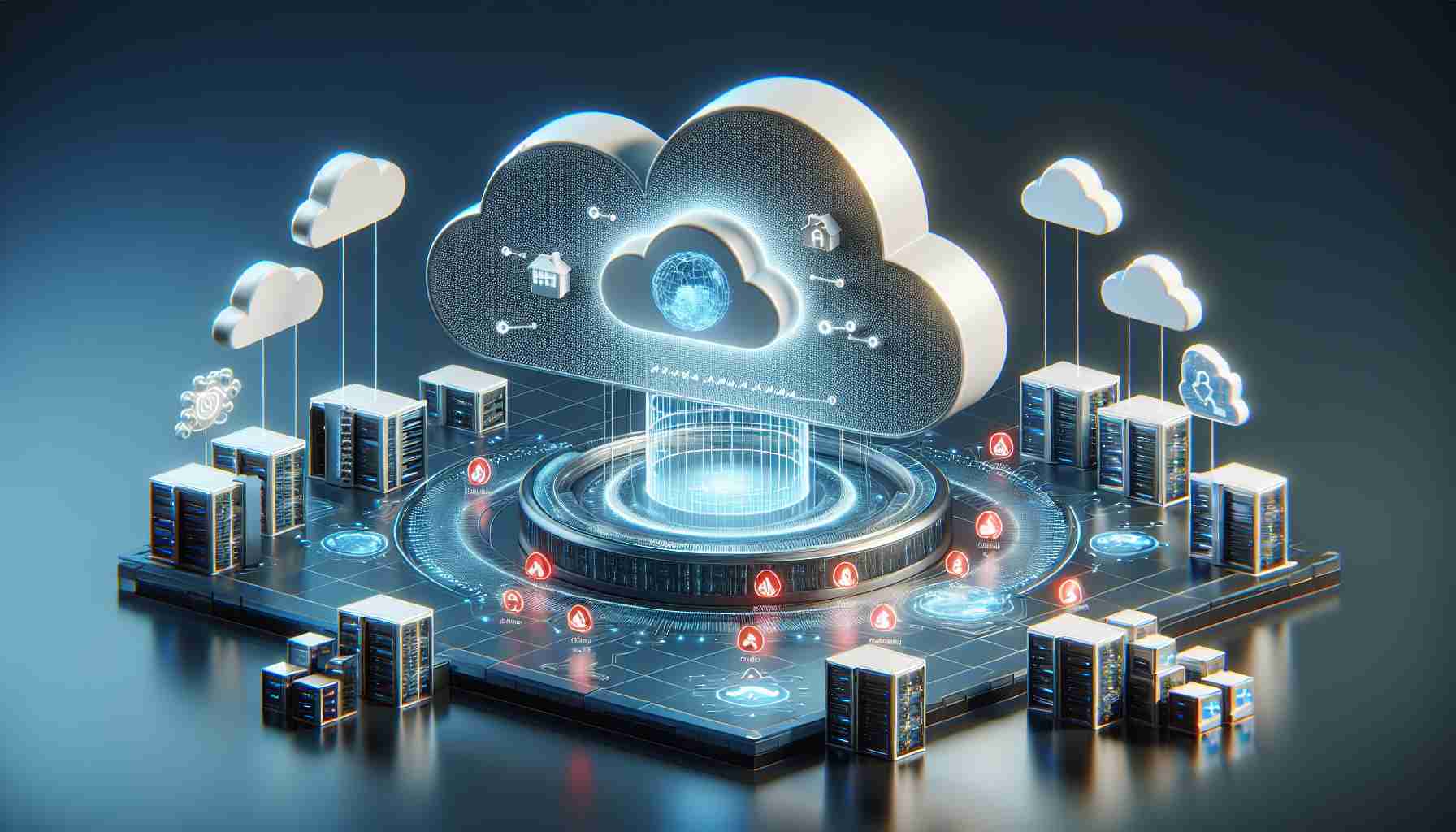 Realistic high-definition illustration showcasing a cloud-centric market led by a generic Cloud Service Provider, demonstrating a unique approach to security and artificial intelligence strategy. The scene should demonstrate the dominance in the cloud market by presenting multiple cloud structures, an abstract representation of advanced firefighting security features, and AI symbols, suggesting advanced artificial intelligence capabilities.