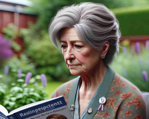 A realistic HD photo of a retired female politician, not a specific person but generally representative, grappling with health challenges. The image should instill hope, symbolizing a new chapter in her life. It could depict her in a garden, reading a self-help book while showing some visible signs of strain, yet determination in her eyes. Use subtle iconography to present her former political career, such as wearing a pin symbolizing leadership.