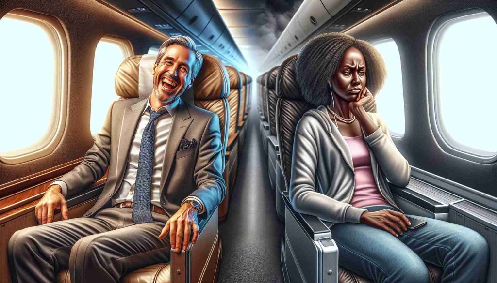 Create a realistic high-definition image featuring two adjacent contrasting scenarios symbolizing an upgraded and downgraded passenger experience. On one side, portray an upgraded passenger experience where a delighted individual relishes in a superbly luxurious and comfortable travel setting. He is a Caucasian man, with facial features that suggest middle age, casually dressed in a business-class airplane seat. On the opposite side, showcase a downgraded passenger experience with a despondent Black woman in her late twenties, dressed in casual attire, cramped in an overcrowded bus seat. Both sights should provide a stark contrast.