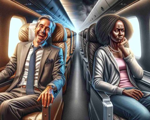 Create a realistic high-definition image featuring two adjacent contrasting scenarios symbolizing an upgraded and downgraded passenger experience. On one side, portray an upgraded passenger experience where a delighted individual relishes in a superbly luxurious and comfortable travel setting. He is a Caucasian man, with facial features that suggest middle age, casually dressed in a business-class airplane seat. On the opposite side, showcase a downgraded passenger experience with a despondent Black woman in her late twenties, dressed in casual attire, cramped in an overcrowded bus seat. Both sights should provide a stark contrast.