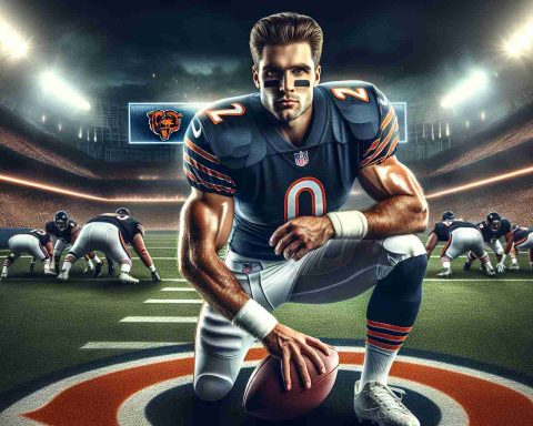 Create a realistic high-definition image which depicts a strategic move happening in an American football scenario. Show the Chicago Bears' team emblem on the banner in the background. There is a newcomer to the scene, an experienced player who just joined the roster. He has a confident look on his face, and he is already in his brand-new team uniform looking ready to join the game with his fellow teammates. The stadium lights cast a dramatic glow on the field, reflecting the electricity of the crowd's anticipation.