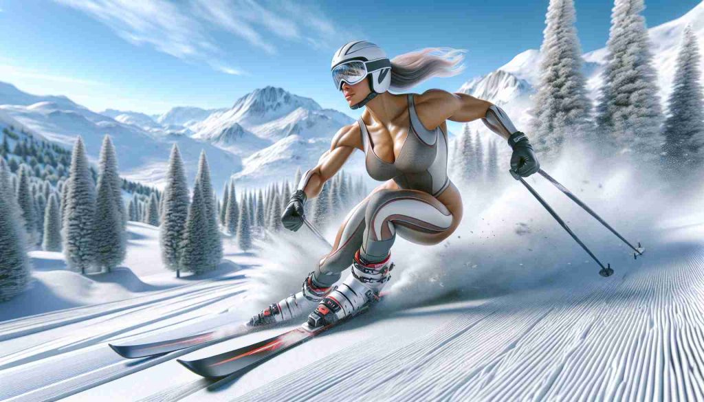 Realistic high-definition image showcasing a professional female skier, who has a strong physique. She is in the midst of a triumphant comeback in a snowy mountain landscape. She displays determination and resilience as she speeds down a challenging ski slope with skill and precision. The setting includes a clear blue sky, white snow-covered pine trees, steep slopes, and distant mountains. Please note that no specific individual skier is being depicted in this scenario.