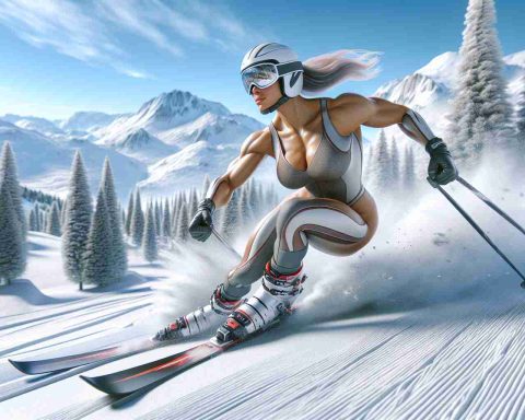 Realistic high-definition image showcasing a professional female skier, who has a strong physique. She is in the midst of a triumphant comeback in a snowy mountain landscape. She displays determination and resilience as she speeds down a challenging ski slope with skill and precision. The setting includes a clear blue sky, white snow-covered pine trees, steep slopes, and distant mountains. Please note that no specific individual skier is being depicted in this scenario.