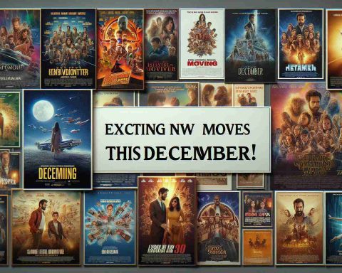 High definition realistic image showing: A collection of various movie posters for imaginary films releasing in December. It's a splendid variety showcasing a range of genres - from romance to adventure, drama to comedy. Each poster exhibits its unique artistry and creativity, stimulating excitement in viewers. Text floating above the posters reads, 'Exciting New Movies to Catch This December! Don’t Miss Out'.