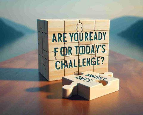 A high-definition, realistic picture of a puzzle block with the phrase 'Are You Ready for Today's Challenge?' inscribed on it. Nearby, another puzzle block with the word 'Awaits' is placed in an inviting position. Both puzzle blocks are set against a serene background, creating a balance between the challenge and tranquility.