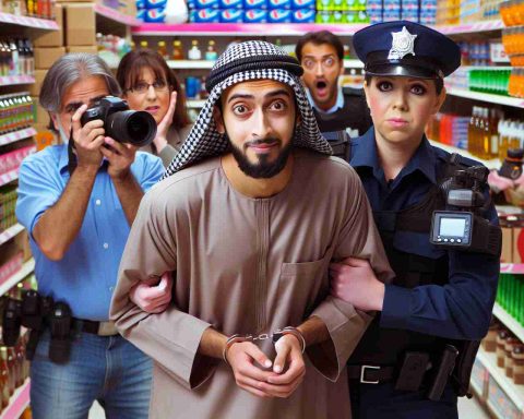 Generate a realistic HD image of an unexpected event where a prank has overstepped the limit. It involves a Middle-Eastern man being detained by authorities for filming risky mischiefs inside a retail store. The store should be full of various items and people around should display a surprised and worried expression about the ongoing situation.