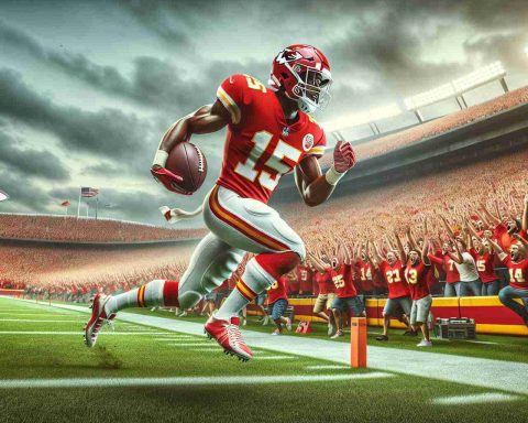 A high-definition, realistic picture of an American Football player, embodying sheer athleticism, donned in Kansas City Chiefs colors, has just made a game-changing return. The crowd is going wild, uproarious cheers emerging from the sea of red and yellow. The sky above is overcast, mirroring the tension on the ground. Anticipation laced every face in the crowd while the player, donned in a jersey with number 15, sprints with the football down the field. A moment frozen in time that could swing the game's outcome.