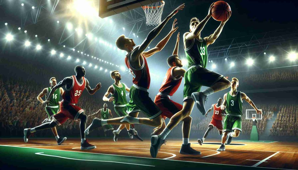 A high-definition, realistic picture of a basketball match in full swing. One team in green is shining brightly, dominating the course and beating the opposing team clad in red. The victories and losses are evident from the scoreboard and the players' expressions.