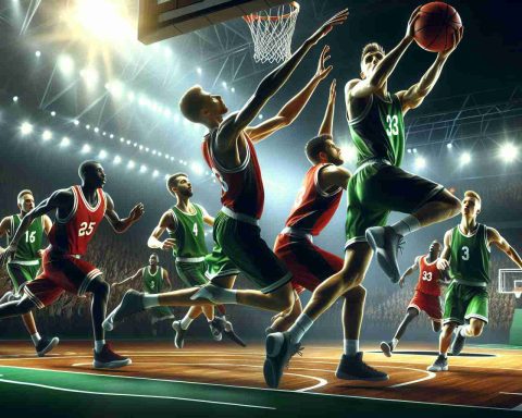 A high-definition, realistic picture of a basketball match in full swing. One team in green is shining brightly, dominating the course and beating the opposing team clad in red. The victories and losses are evident from the scoreboard and the players' expressions.