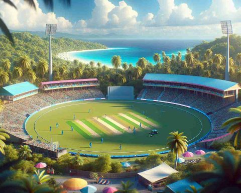 A realistic high-definition image displaying an exotic cricket stadium, positioned in the vibrant and tropical region synonymous with the West Indies. The surroundings can be rendered with lush palm trees and azure waters, capturing the region's unique charm. In anticipation of an upcoming match, the stadium is bustling with activity, with ground staff preparing the pitch, and players practicing their skills, forming an atmosphere of excitement and anticipation. Kindly avoid any specific individualities and focus on creating a lively and unambiguous scene, showing cricket in a tropical setting.