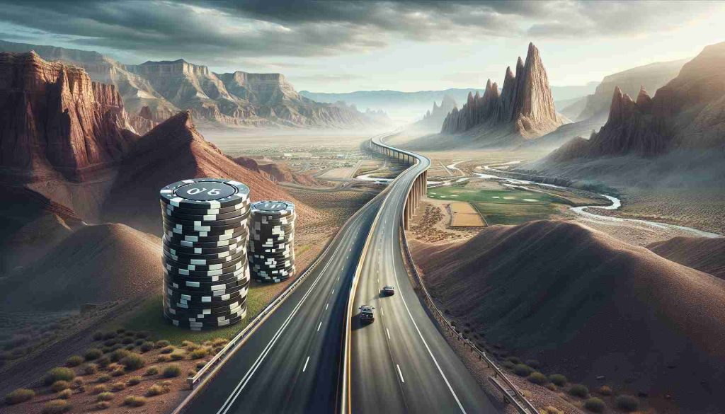 Create a hyper-realistic high definition image depicting the concept of a major road challenge set in the state of Utah. Incorporate elements like detailed landscapes of rugged terrains, highways winding through mountains, and a broad expanse of desert, symbolizing the intense hurdles. Add a metaphorical representation of high stakes such as a towering, precarious stack of poker chips next to the road. The atmosphere should convey a sense of anticipation and suspense, demonstrating the immense difficulty of the challenge.