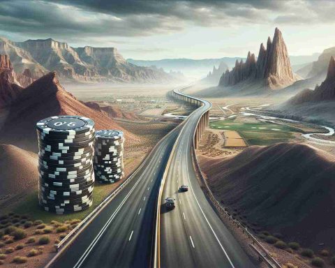 Create a hyper-realistic high definition image depicting the concept of a major road challenge set in the state of Utah. Incorporate elements like detailed landscapes of rugged terrains, highways winding through mountains, and a broad expanse of desert, symbolizing the intense hurdles. Add a metaphorical representation of high stakes such as a towering, precarious stack of poker chips next to the road. The atmosphere should convey a sense of anticipation and suspense, demonstrating the immense difficulty of the challenge.