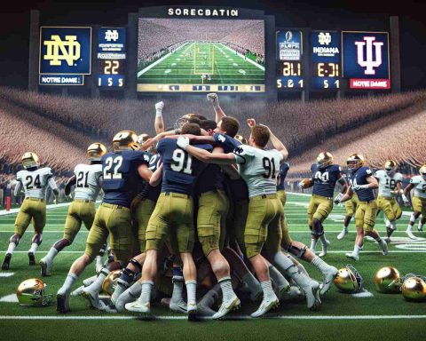 A high definition, realistic image of a significant sports event. Notre Dame, the underdog, has secured a surprising victory in the playoff opener against Indiana. The scene captures the energetic atmosphere on the football field after the surprising upset. Players from Notre Dame are celebrating, some hugging each other, others with their hands raised in triumph, their emotions indicating the enormity of their achievement. The scoreboard in the background reflects the final score, favoring Notre Dame.