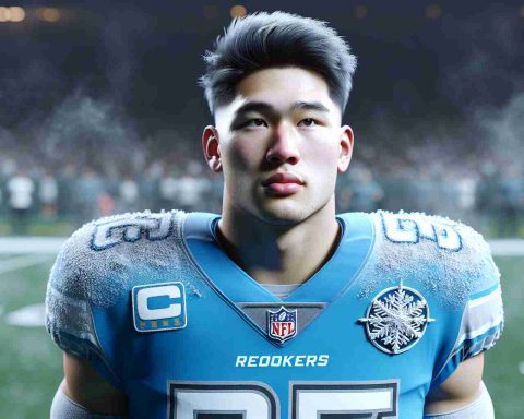 Generate a highly detailed and photorealistic image of a rookie linebacker on a football field. He is known for his unique nickname 'Frosty.' Visual indications of this could include an icy blue uniform with a snowflake emblem, and possibly his breath visible in the cold air. His ethnicity is Asian and gender is male. The environment should suggest why they call him 'Frosty,' possibly hinting at an exceptionally chilly day, with frost visible on the grass of the field.